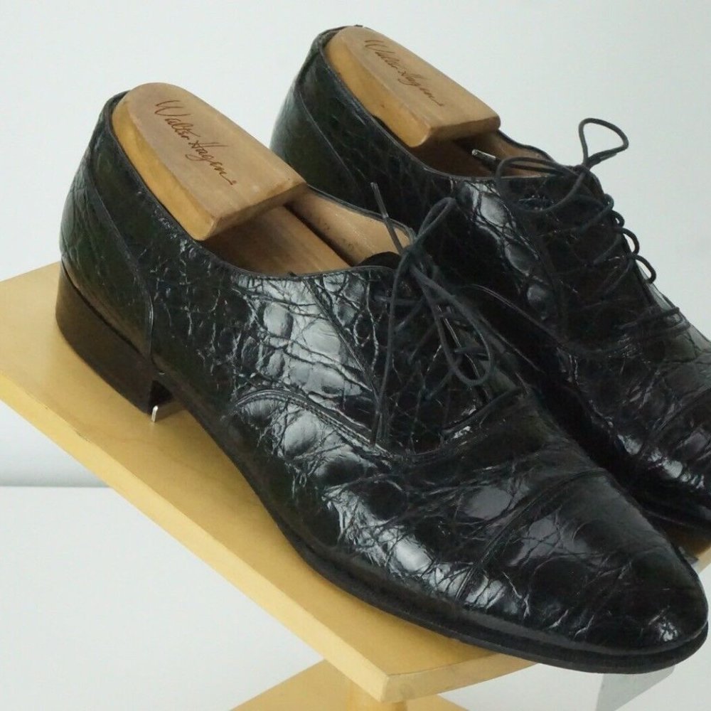 Salvatore Ferragamo Black Cap Toe Alligator Crocodile Dress Shoes Sz 10D